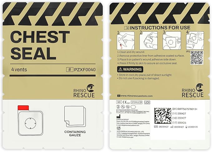RHINO RESCUE Vented Chest Seal, 4 Vents, Sterile Emergency Trauma Dressing, Occlusive Adhesive Pad, IFAK Trauma Refill Medical First Aid Supplies for Wound Care, Gunshot Wound, Sucking Chest(20 Count)