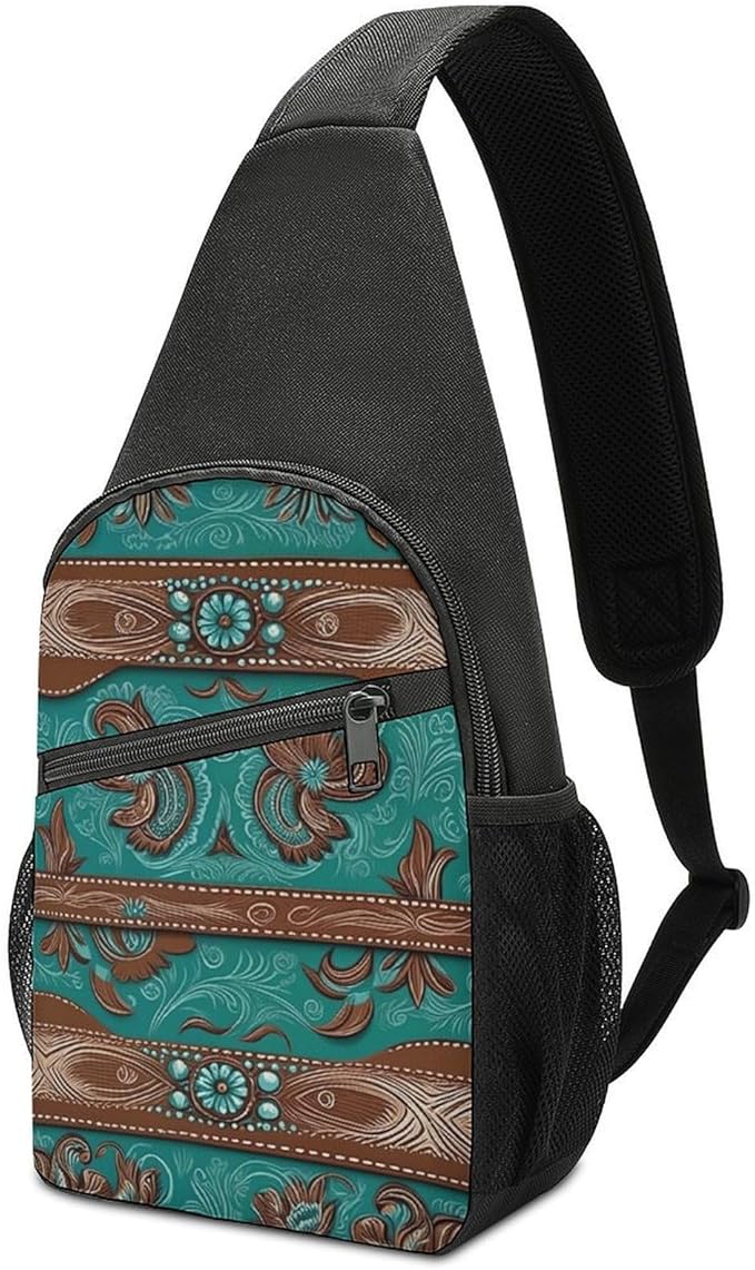 SWEET TANG Unisex Unique Chest Bag Gym Sack Fashion Sling Shoulder Backpack Outdoor Sports Daypack Rustic Brown Teal Western Country Tooled Leather, Multipurpose Adjustable Bag for Daily Use