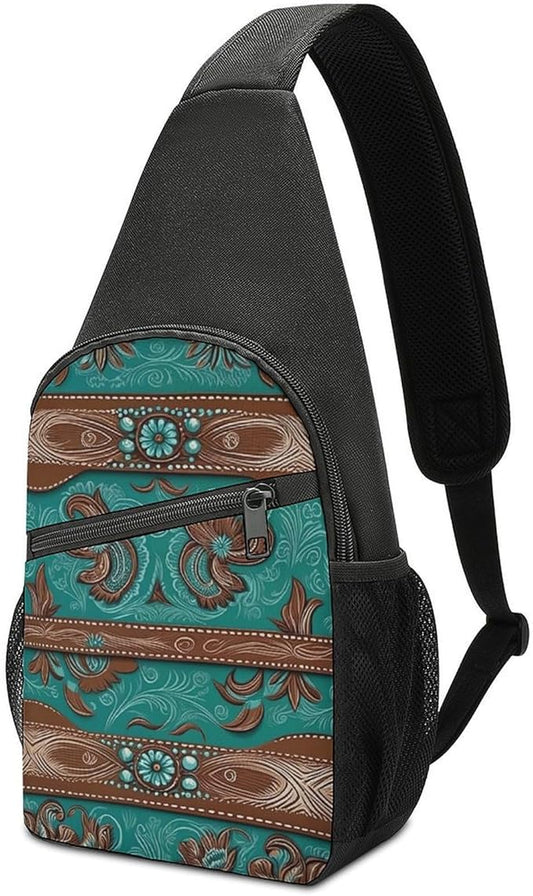 SWEET TANG Unisex Unique Chest Bag Gym Sack Fashion Sling Shoulder Backpack Outdoor Sports Daypack Rustic Brown Teal Western Country Tooled Leather, Multipurpose Adjustable Bag for Daily Use