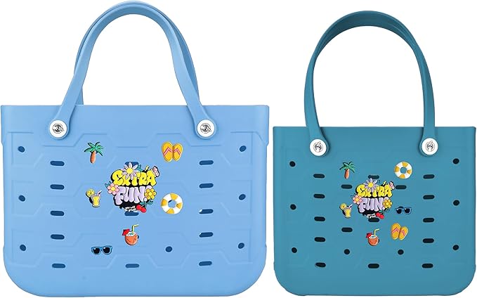 2-Piece Tote Bag Set, Waterproof Rubber Beach Bag with Summer Pattern, Medium & Large Handbag for Pool, Beach, Boat