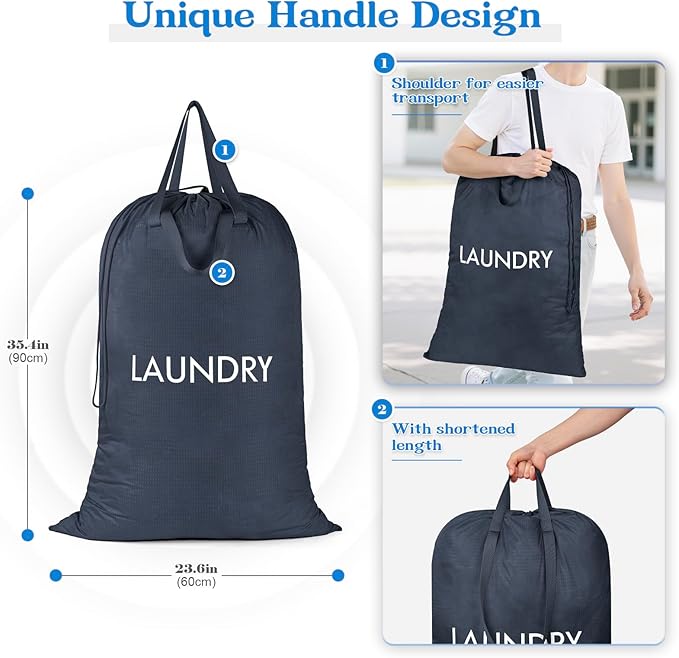 MissBoy Heavy Duty Nylon Laundry Bag,Washable & Splash-Resistant Dirty Clothes Storage Bag with Drawstring & Handles丨Lightweight, Foldable & Space-Saving for College Dorm,Beach&Trips, 80L Navy Blue