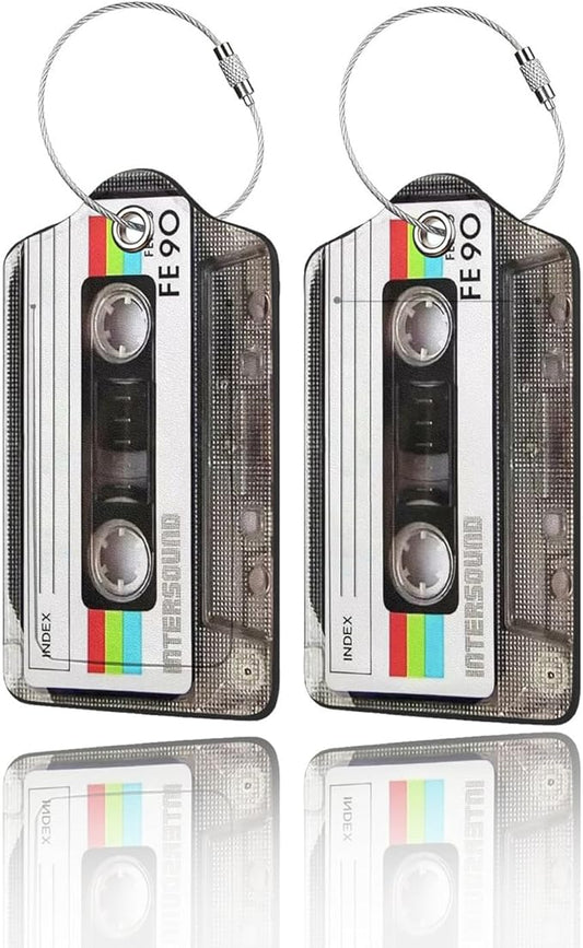 2 Pack Luggage Tags for Suitcase, Privacy Cover ID Label with Stainless Steel and Address Card for Travel Bag Backpack Cruise Ship Essentials Tag Women Men - Retro Cassette Tape