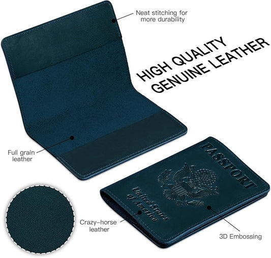 BIAOTIE Premium Leather Passport Holder Covers, Rfid Travel Wallet Passport Document Holder, Travel Essentials Wallet Cover Case for Men and Women (Blue)