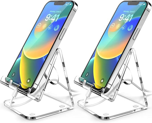 TOPGO 2 Pack Acrylic Cell Phone Stand, Clear Phone Holder for Office Desk, Vanity, Kitchen Counter, Bedside Table, Compatible with iPhone 17 16 15 14 13 12 Pro Max Plus/Smartphones/iPad/Switch/Kindl