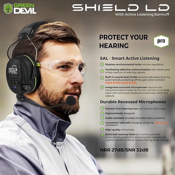 GREEN DEVIL Electronic Bluetooth Hearing Ear Protection Headphones With Boom Microphones 27dB Noise Cancelling Earmuffs