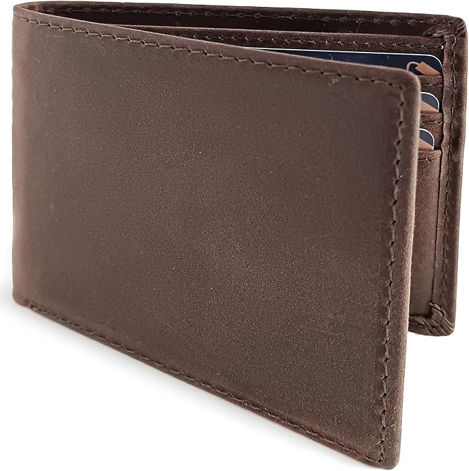 LnxLtw Bifold Travel Wallets for Mens Slim RFID Blocking | Compact Front Pocket Thin Genuine Leather Wallet | Minimalist Credit Card Holder with 4 Card Slots and ID Window Gift Box (Dark Brown)