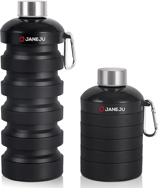 JaneJu Collapsible Water Bottle, 32oz BPA Free Silicone Reusable Portable Lightweight Foldable Water Bottles with Carabiner, Leak Proof Sports Water Bottle with Stainless Twist Cap (Black)