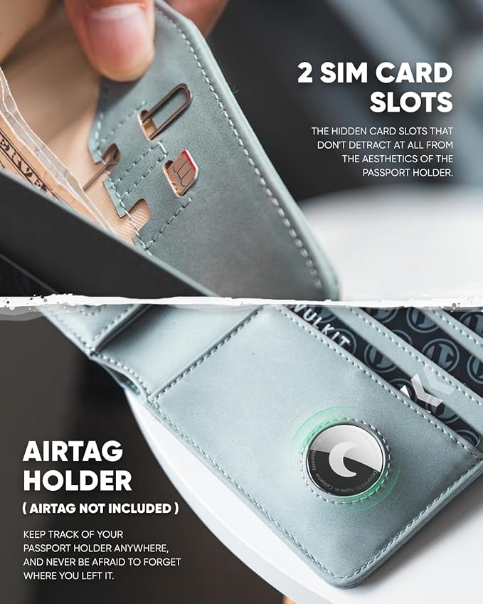 VULKIT Passport Holder with Airtag Holder RFID Blocking Passport Wallet Travel Leather Passport for Women(Blue)