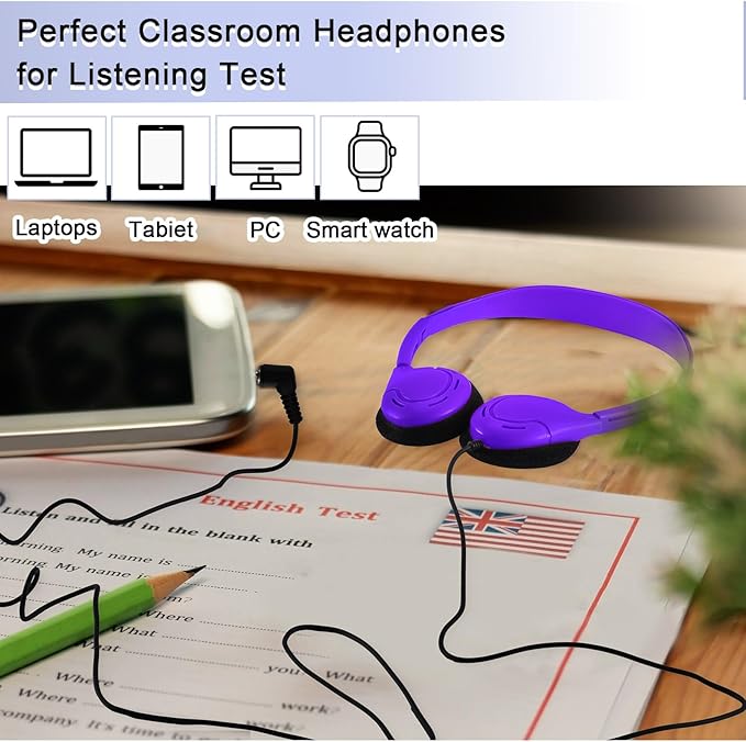 Yunsailing 30 Pack Bulk Over Ear Headphones Set On Ear Headsets Earphones with Adjustable Headband and 3.5mm Plug for Group Learning, Computer Lab, Library, Online Lesson (Purple)