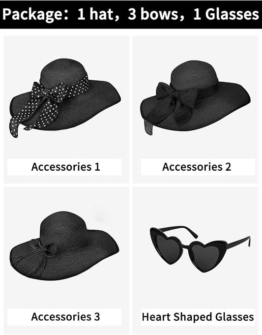 Senker Fashion Sun Hats for Women, Wide Brim Floppy Beach Straw Hat for Summer Travel Vacation Foldable with Sunglasses