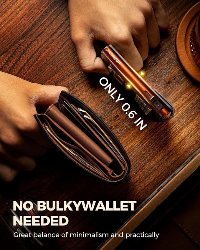 LORZOR Slim Wallet for Men with Security Latch, Pop Up Metal Card Holder Wallet, Finest Full Grain Leather Bifold Wallets, Smart, Minimalist, RFID Blocking, Front Pocket, ID Window