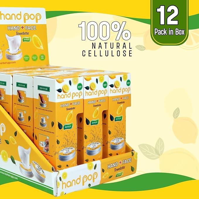 Hand Pop Lemon Wipes Bulk Pack – 120 Individually Wrapped Refreshing Wet Towelettes (12 Boxes of 10) – Alcohol-Free, Skin-Friendly, Travel Size Wipes for Home, Office, Events & Gifting