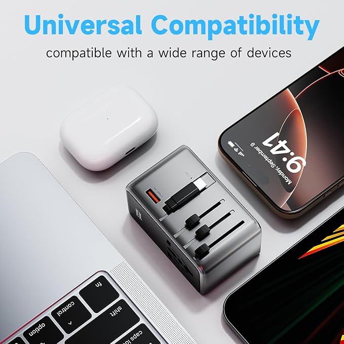 Minthouz Universal Travel Adapter, International 70W Power Adapter GaN Fast Charger with 3 USB-C PD, 1 USB-C Cable & A Ports, All-in-One Portable AC Power Plug Adapter for USA EU UK AUS