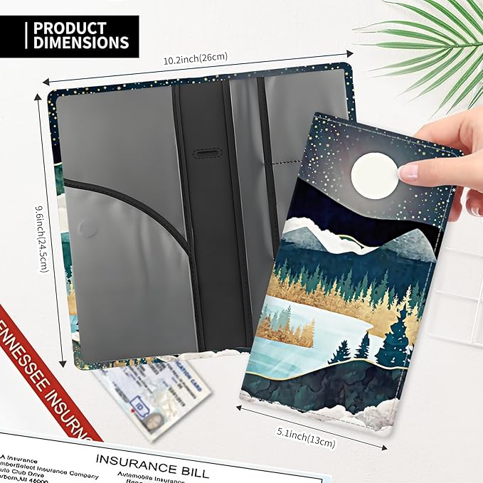 Leather Car Registration and Insurance Card Holder, Cute Car Accessories Vehicle Glove Box Car Organizer for Documents, Cards, License Beautiful Night Forest Mountain