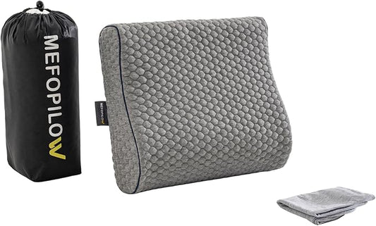 Memory Foam Travel Pillow with Washable Cover & Carry Bag – Compact, Soft & Breathable Neck Pillow for Airplane, Camping & Car (Gray- with Extra Gray Cotton Cover, 13.8x11.8x3.9/3.1 inches)