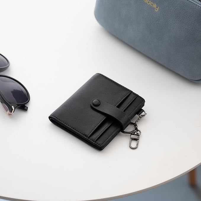 Alldaily Slim Keychain Wallet for Women, RFID Blocking Small Bifold Travel Credit Card Holder (Black)