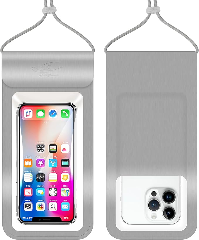 HiRui Universal Waterproof Phone Pouch with Touch Screen, IP68 Waterproof Phone Case Dry Bag for Beach, Compatible with iPhone 16/Pro/Plus/Max/15/14, Galaxy S24+/25+, Fits up to 6.9" (Silver, X-Large)