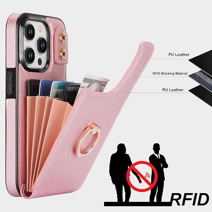 Folosu Compatible with iPhone 15 Pro Case Wallet with Card Holder, 360°Rotation Finger Ring Holder Kickstand, RFID Blocking Leather Protective Double Buttons Shockproof Cover 6.1 Inch Rose Gold