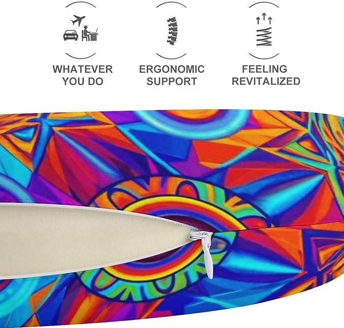Stylish U Shaped Travel Neck Pillow Memory Foam Chin Support Colorful Kaleidoscope Pattern, Breathable Washable Cover for Airplane Car Office Decor