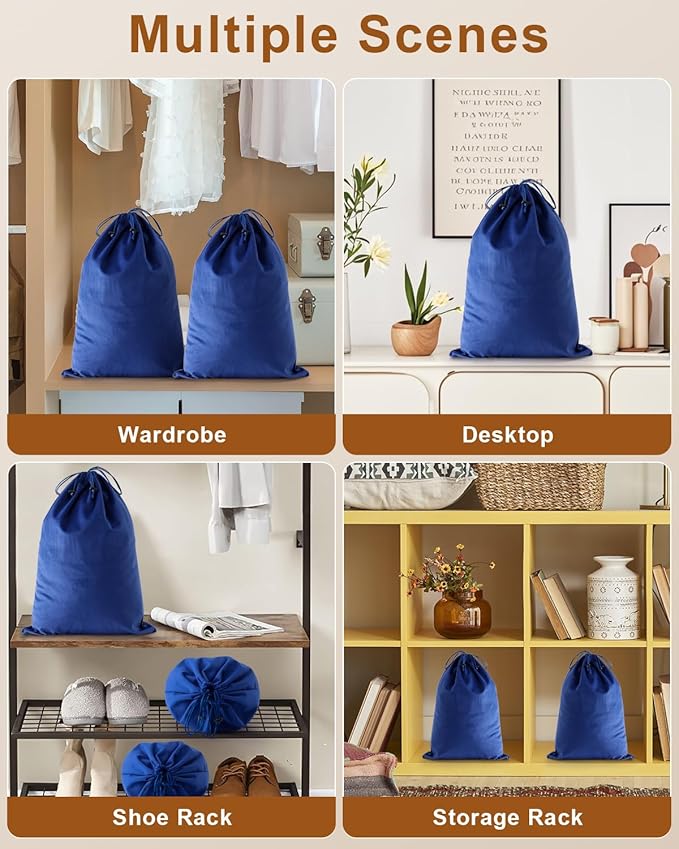 FantasyLife Shoe Bags for Travel, Washable Dust Bags for Storage & Packing, Flannel Shoe Pouch with Drawstring Closure for Purses, Handbags, Shoes & Toys (2, Palace Blue)