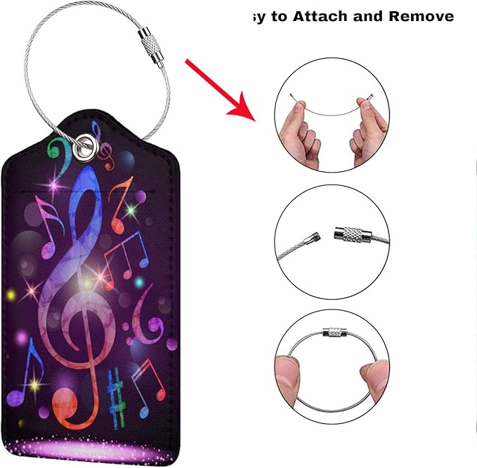 Set of 2 Music Note Luggage Tags with Full Back Privacy Suitcase Labels Identifiers, Colorful Purple PU Leather Baggage Tags for Music Lovers Women Men Girls Boys Travel