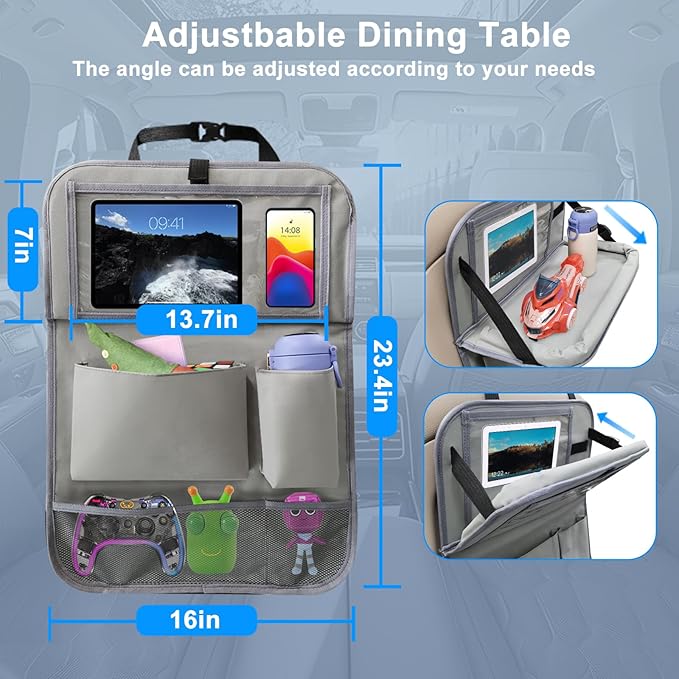 2Pack Car Backseat Organizer with Foldable Table Tray,6 Storage Pockets Car Storage Organizer with Tablet Holder,Car Seat Back Protectors Kick Mats Travel Accessories (Grey)