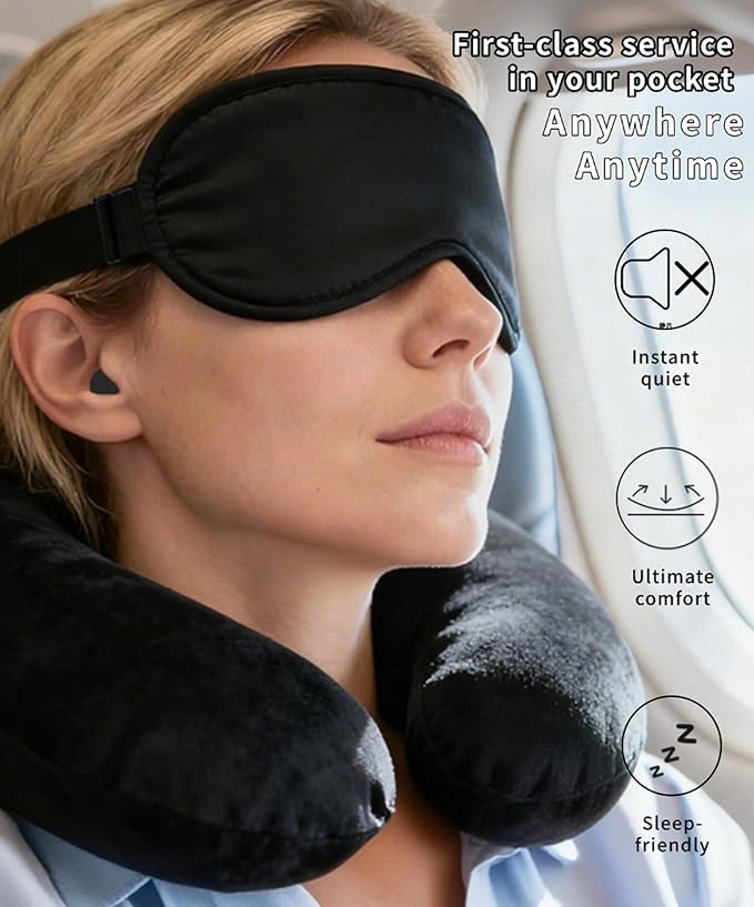 Portable Ultimate Comfort Set for Plane Sleep Kit at Plane Inflatable Travel Pillows Foot Rest Hammock Eye Mask Ear Plugs for Airplane Essentials for Seat Airplane Gadgets for Sleep Comfort (3B)