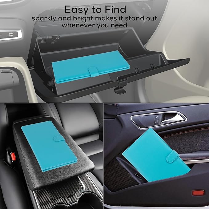 Car Registration and Insurance Holder, Leather Magnetic Shut Vehicle Glove Box Organizer for Document, Card, Driver License, Turquoise