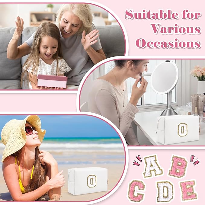 Small Personalized Initial A-Z Preppy Patch Makeup Bag,White PU Chenille Letter Travel Cosmetic Pouch with Zipper,Cute Toiletry Bag,Gift Ideal for Teen Girls Women Teacher Bridesmaid,Letter O