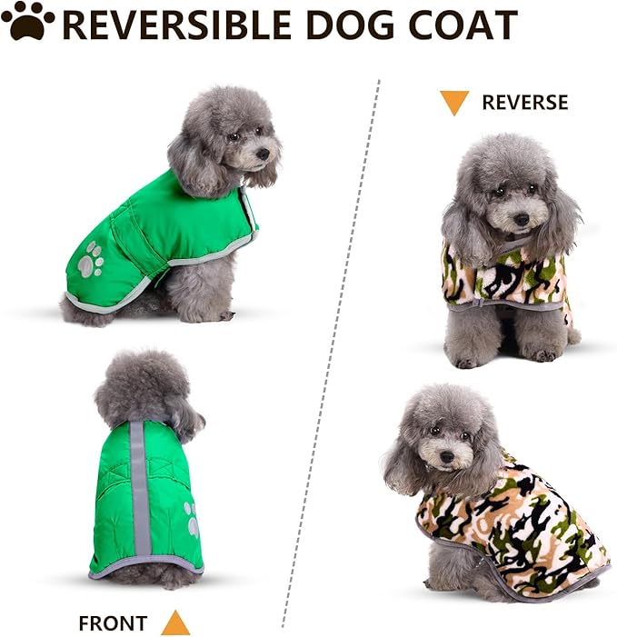 Queenmore Dog Winter Coat, Cold Weather Fleece Jacket for Dogs, Waterproof Reflective Reversible, for Small, Medium and Large Dogs (Green, XL)