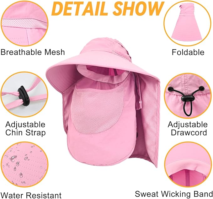 Sun Hats for Men Women Detachable Face Cover Wide Brim Fishing Hats with Neck Flap UPF 50+ Outdoor Safari Hats