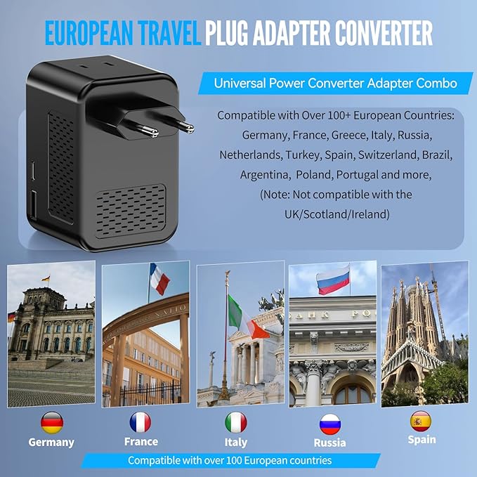 220V to 110V Voltage Converter US to Europe Travel, Adapter Plug Converter for European Travel with 20W PD & 2 USB-A & 2 USB-C Port, European Power Converter Combo USA to Spain Italy France (Black)