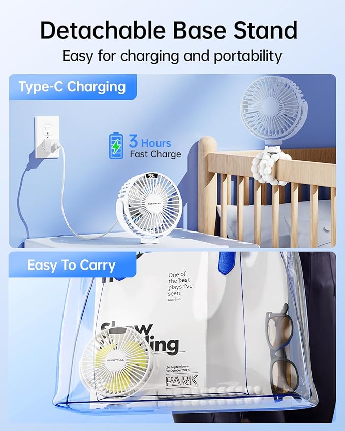 SWEETFULL Portable Stroller Fan with Display 4000mAh Battery Powered Mini Clip On Fan, 4-Speed Rechargeable Small Personal Cooling for Baby Car Seat Crib Travel - White