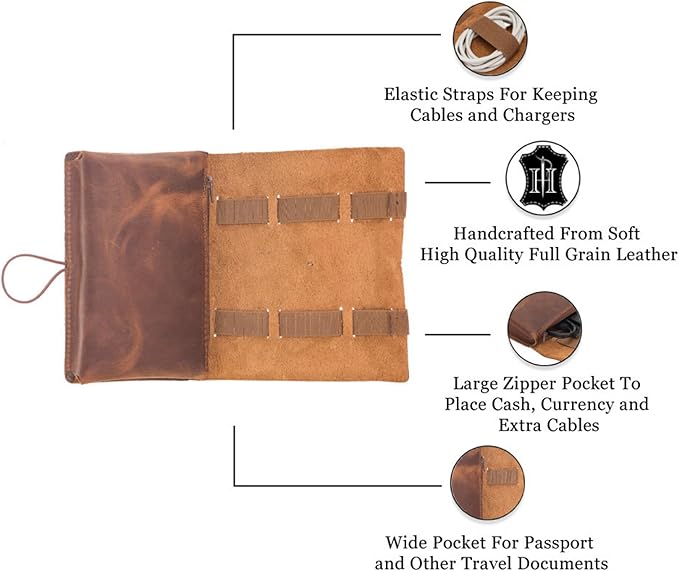 HARDISTON Custom Genuine Leather Electronic Cable Organizer Bag Handmade Travel Cord Organizer Roll Case for Hard Drives, Cables, Charger, Phone, USB, SD Card (Medium - Brown)