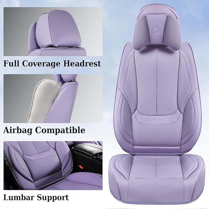 Coverado Universal Seat Covers Full Set, 5 Seats Universal Seat Covers for Cars, Waterproof NAPPA Leather Car Seat Covers with Head Pillow, Auto Protectors Fit for Most Sedans SUV Pick-up Truck-Purple