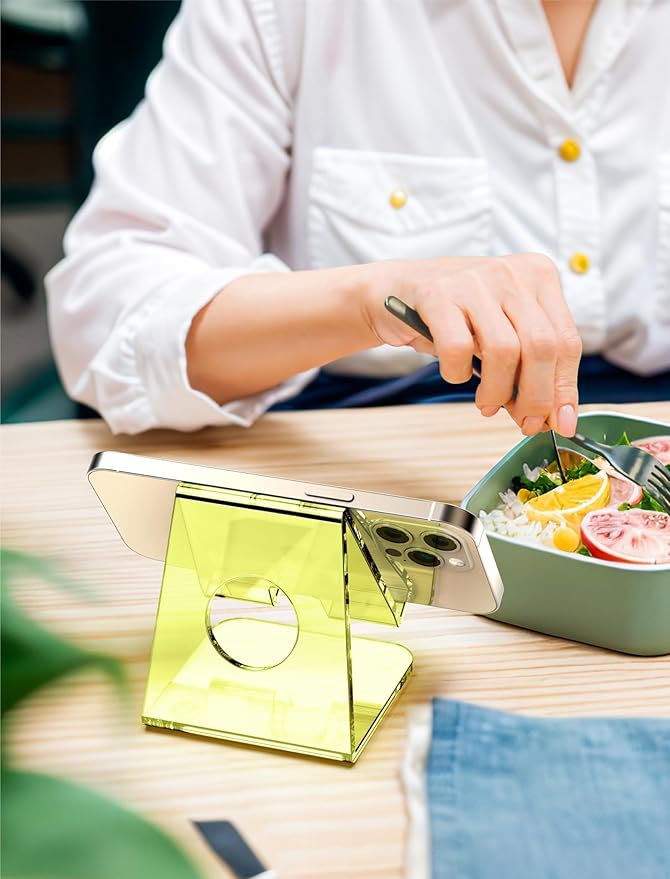 TOPGO Acrylic Cell Phone Stand, Clear phone Holder for Office Desk, Vanity, Kitchen Counter, Bedside Table, Compatible with iPhone 17 16 15 14 13 12 Pro Max Plus/Smartphones/iPad/Switch/Kindle(Yellow)