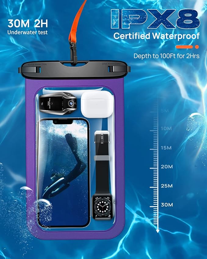 Lanhiem Large Waterproof Phone Pouch [Up to 10.5"] Universal IPX8 Waterproof Dry Bag with Lanyard for iPhone 16 Pro Max /15/14, S24 Ultra/ S23/ S22 Plus/ S23 FE, Moto G/Pixel 9 8 Pro, Black+Purple