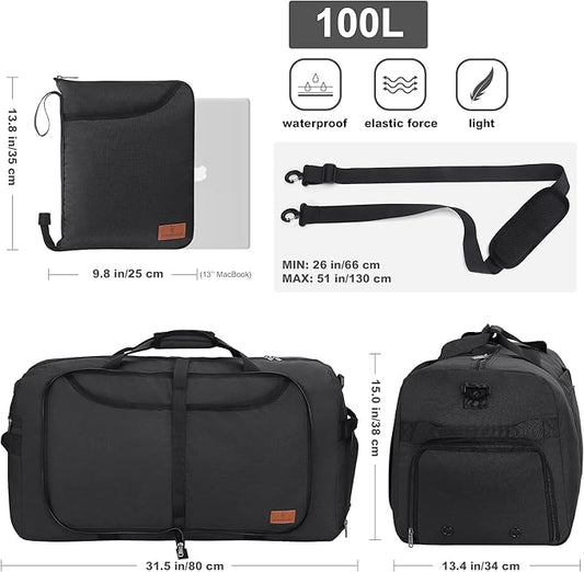 100L Duffle Bag for Travel, Extra Large Foldable Waterproof Travel Duffel Bags Weekender Overnight Bag for Men and Women with Shoe Compartment