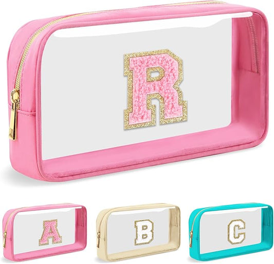 Personalized Initial Letter Clear Makeup Bag,Preppy Small Nylon&PVC Cosmetic Zipper Bag with Chenille Letter,Portable Beach Travel Skincare Toiletry Bag,Trendy Monogram Gift for Teen Girls Women,R