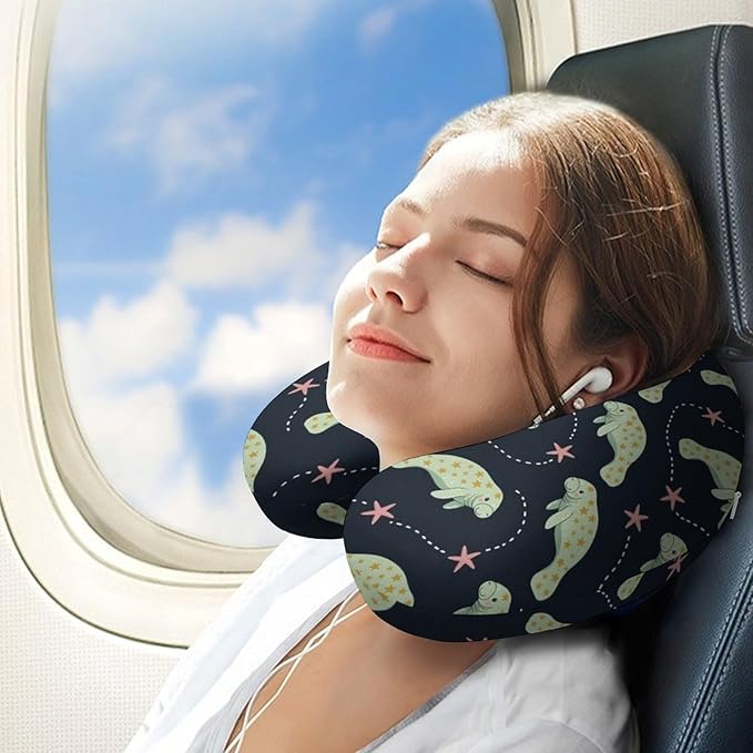 Women’s Travel Pillow U-Shaped Memory Foam Neck Rest, Manatee Animals U-Shape, Washable Airplane Car Support
