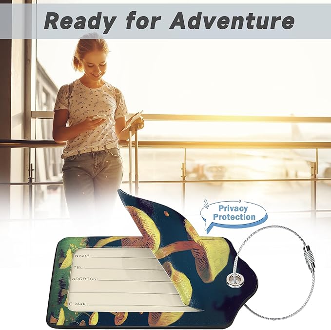 Vintage Mushroom Luggage Tags,2 Pack Travel Cruise Tags for Suitcases, Cute Identifiers with Privacy Flap, Baggage Tags for Women Men Handbag