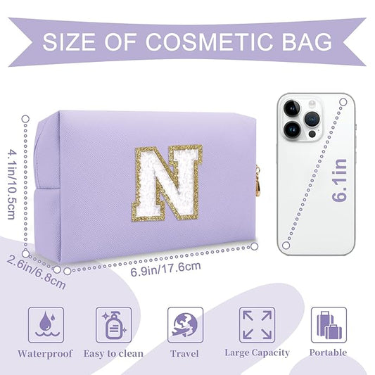 Personalized Makeup Bag Initial A-Z Preppy Patch Bag,Small PU Leather Travel Cosmetic Bag Pouch with Zipper,Purple Cute Toiletry Bag,Gift Ideal for Teen Girls Women Birthday Friend Mom,Latter N