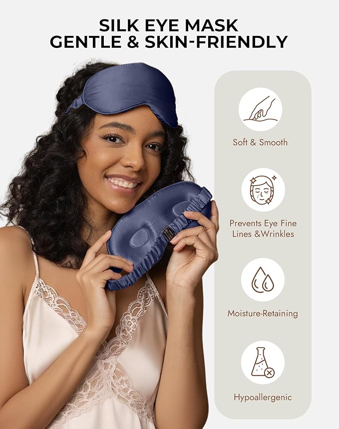 SilkSilky 100% 22 Momme Mulberry Silk Sleep Mask – Upgraded 3D Contoured Eye Mask with Nose Wing Pads & Adjustable Strap, Luxury Blackout Eye Cover for Women & Men (Dark Blue)