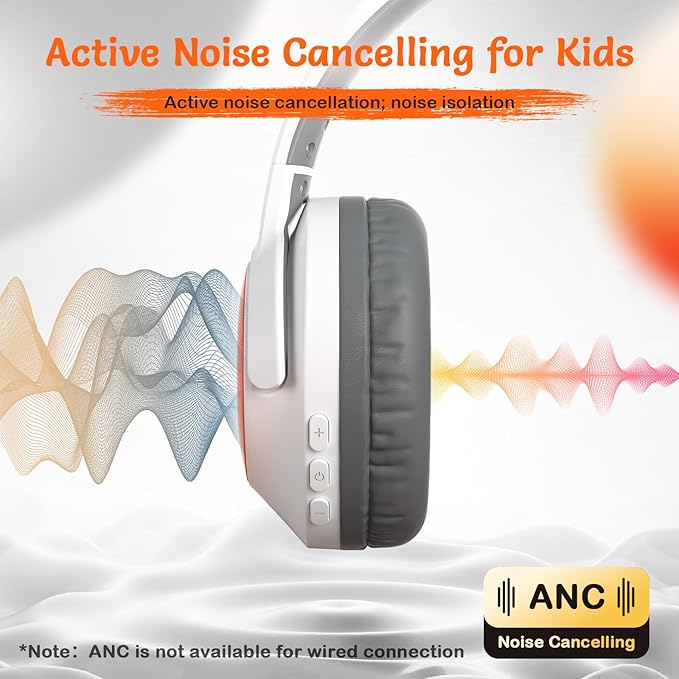 Kids Bluetooth Headphones with ANC, Wireless Over-Ear Headset for Boys and Girls, Foldable & Adjustable, Ideal for School, Travel and Online Learning (White)