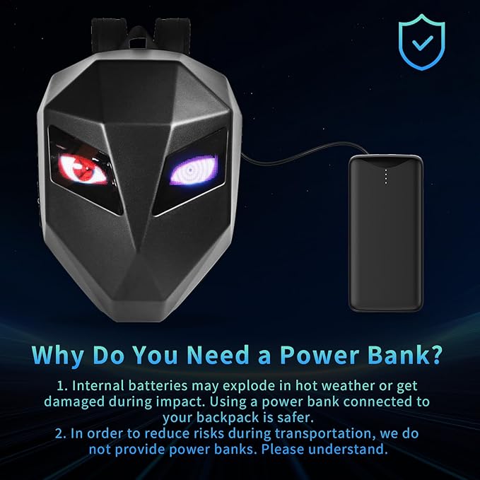 Motorcycle Backpack with LED Eyes, DIY Laptop Backpack for Riding, Cycling, Travel, Waterproof Hard Case Motorbike Bag, Large Size 19" Classic Black