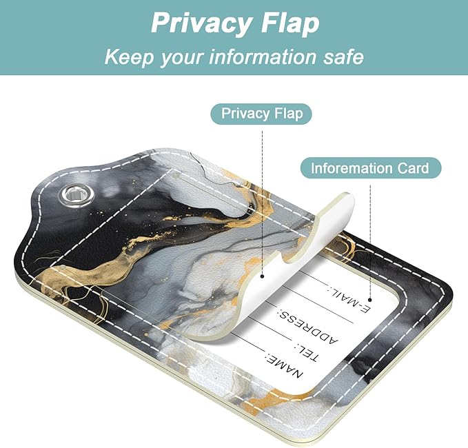 Rimilak 3 Pcs PU Leather Luggage Tags for Suitcase, Travel Cruise Luggage Tag with Privacy Flap, Name ID Label and Metal Loop for Women Men Baggage Handbag School Bag Backpack, Pink Gold Marble