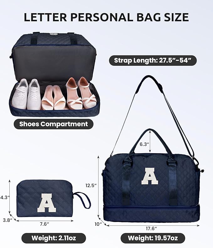 Vogewood Gifts for Girls - Personalized Initial Duffle Bag with Shoe Compartment, Weekender Travel Bag, Makeup Bag, Navy Blue, 12x7x2 inches