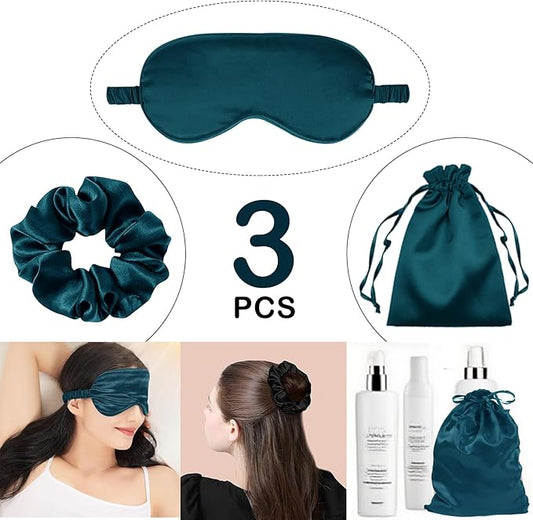 3Pcs Satin Eye Mask Silk Sleep Masks Set Silky Blindfold Eyeshade Blackout Eyes Cover Pouches Bag Scrunchy Wedding Gift
