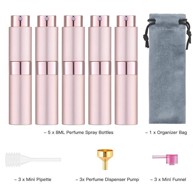 Tekson 5PCS 8ml Travel Perfume Atomizer Refillable, Mini Cologne Spray Bottle Empty, Small Aftershave Sprayer for Liquid Dispenser (Pink)