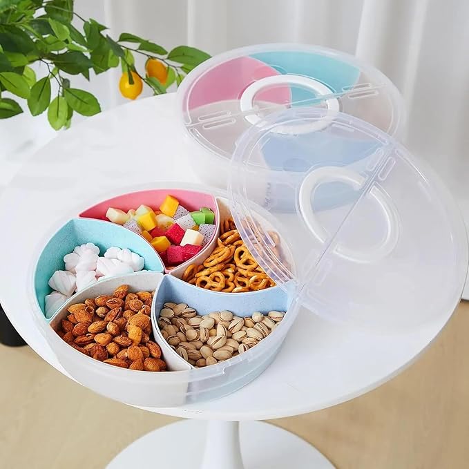 Snack Box Container – 5 Compartment Divided Serving Tray with Lid & Handle for Dry Fruits, Sweets, Nuts, Snacks & More – Portable Food Storage Organizer